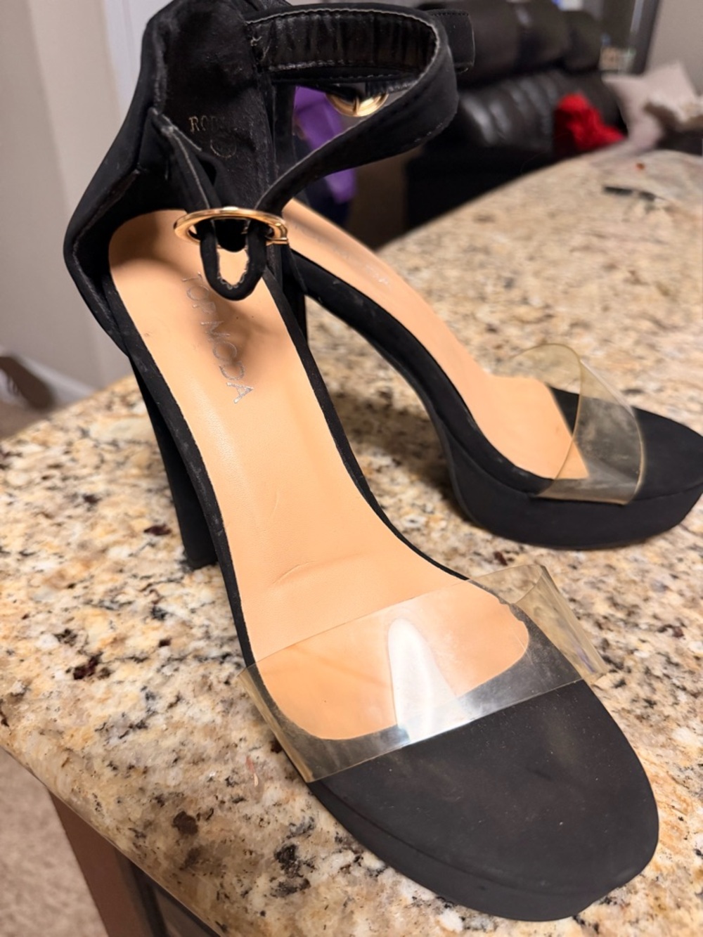 TOP Moda Black Heeled Sandals with Clear Toe Strap and Gold Buckle